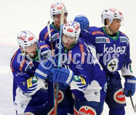 EBEL. Eishockey Bundesliga. EC VSV gegen Dornbirner Eishockey Club.  Torjubel Benjamin Petrik, Mario Altmann, Daniel Nageler, Jason Krog (VSV). Villach, am 26.10.2014.
Foto: Kuess 


---
pressefotos, pressefotografie, kuess, qs, qspictures, sport, bild, bilder, bilddatenbank