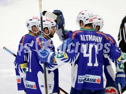 EBEL. Eishockey Bundesliga. EC VSV gegen Dornbirner Eishockey Club.  Torjubel Benjamin Petrik, Mario Altmann, Daniel Nageler (VSV). Villach, am 26.10.2014.
Foto: Kuess 


---
pressefotos, pressefotografie, kuess, qs, qspictures, sport, bild, bilder, bilddatenbank