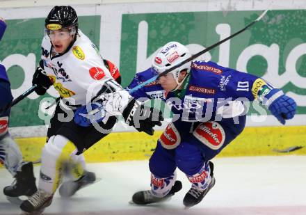 EBEL. Eishockey Bundesliga. EC VSV gegen Dornbirner Eishockey Club.  Brock McBride, (VSV), Chris D Alvise  (Dornbirn). Villach, am 26.10.2014.
Foto: Kuess 


---
pressefotos, pressefotografie, kuess, qs, qspictures, sport, bild, bilder, bilddatenbank