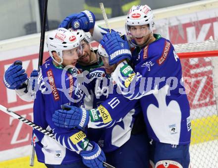 EBEL. Eishockey Bundesliga. EC VSV gegen Dornbirner Eishockey Club.  Torjubel  Mark Santorelli, Brock McBride, Eric HUnter, Mario Altmann (VSV). Villach, am 26.10.2014.
Foto: Kuess 


---
pressefotos, pressefotografie, kuess, qs, qspictures, sport, bild, bilder, bilddatenbank