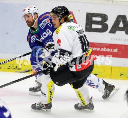 EBEL. Eishockey Bundesliga. EC VSV gegen Dornbirner Eishockey Club.  Sean Ringrose,  (VSV), Martin Mairitsch (Dornbirn). Villach, am 26.10.2014.
Foto: Kuess 


---
pressefotos, pressefotografie, kuess, qs, qspictures, sport, bild, bilder, bilddatenbank