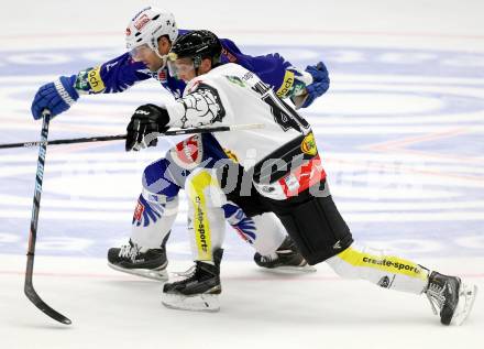 EBEL. Eishockey Bundesliga. EC VSV gegen Dornbirner Eishockey Club.  Cole Jarrett, (VSV), Adam Miller  (Dornbirn). Villach, am 26.10.2014.
Foto: Kuess 


---
pressefotos, pressefotografie, kuess, qs, qspictures, sport, bild, bilder, bilddatenbank