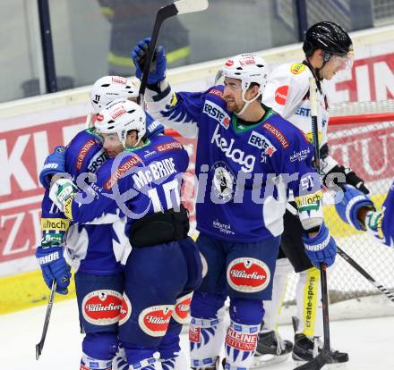 EBEL. Eishockey Bundesliga. EC VSV gegen Dornbirner Eishockey Club.  Torjubel  Mark Santorelli, Brock McBride, Eric HUnter (VSV). Villach, am 26.10.2014.
Foto: Kuess 


---
pressefotos, pressefotografie, kuess, qs, qspictures, sport, bild, bilder, bilddatenbank