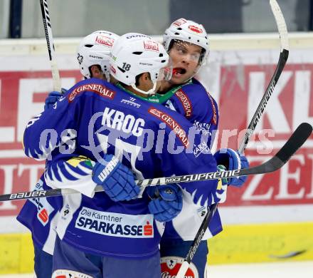 EBEL. Eishockey Bundesliga. EC VSV gegen Dornbirner Eishockey Club.  Torjubel Darren Haydar, Jasin Krog, John Lammers (VSV). Villach, am 26.10.2014.
Foto: Kuess 


---
pressefotos, pressefotografie, kuess, qs, qspictures, sport, bild, bilder, bilddatenbank