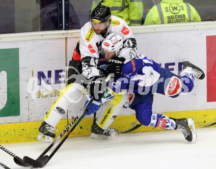 EBEL. Eishockey Bundesliga. EC VSV gegen Dornbirner Eishockey Club.  Nico Brunner, (VSV), Guillaume Desbiens  (Dornbirn). Villach, am 26.10.2014.
Foto: Kuess 


---
pressefotos, pressefotografie, kuess, qs, qspictures, sport, bild, bilder, bilddatenbank