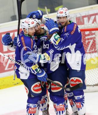 EBEL. Eishockey Bundesliga. EC VSV gegen Dornbirner Eishockey Club.  Torjubel  Mark Santorelli, Brock McBride, Eric HUnter, Mario Altmann (VSV). Villach, am 26.10.2014.
Foto: Kuess 


---
pressefotos, pressefotografie, kuess, qs, qspictures, sport, bild, bilder, bilddatenbank