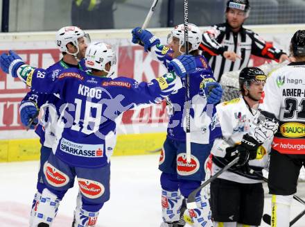 EBEL. Eishockey Bundesliga. EC VSV gegen Dornbirner Eishockey Club.  Torjubel Darren Haydar, Jasin Krog, John Lammers (VSV). Villach, am 26.10.2014.
Foto: Kuess 


---
pressefotos, pressefotografie, kuess, qs, qspictures, sport, bild, bilder, bilddatenbank