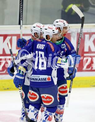 EBEL. Eishockey Bundesliga. EC VSV gegen Dornbirner Eishockey Club.  Torjubel Darren Haydar, Jasin Krog, John Lammers (VSV). Villach, am 26.10.2014.
Foto: Kuess 


---
pressefotos, pressefotografie, kuess, qs, qspictures, sport, bild, bilder, bilddatenbank