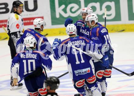 EBEL. Eishockey Bundesliga. EC VSV gegen Dornbirner Eishockey Club.  Torjubel Eric Hunter, Stefan Bacher, Geoff Waugh, Brock McBride, Mark Santorelli (VSV). Villach, am 26.10.2014.
Foto: Kuess 


---
pressefotos, pressefotografie, kuess, qs, qspictures, sport, bild, bilder, bilddatenbank