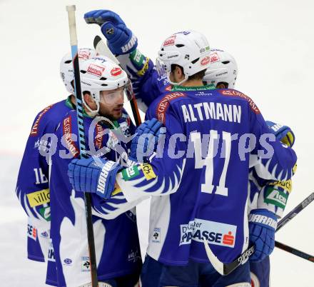 EBEL. Eishockey Bundesliga. EC VSV gegen Dornbirner Eishockey Club.  Torjubel Benjamin Petrik, Mario Altmann, Daniel Nageler (VSV). Villach, am 26.10.2014.
Foto: Kuess 


---
pressefotos, pressefotografie, kuess, qs, qspictures, sport, bild, bilder, bilddatenbank