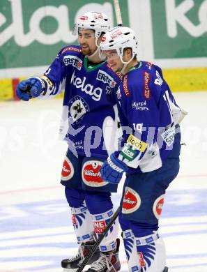 EBEL. Eishockey Bundesliga. EC VSV gegen Dornbirner Eishockey Club.  Torjubel Eric Hunter, Stefan Bacher (VSV). Villach, am 26.10.2014.
Foto: Kuess 


---
pressefotos, pressefotografie, kuess, qs, qspictures, sport, bild, bilder, bilddatenbank