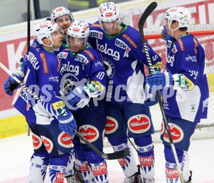 EBEL. Eishockey Bundesliga. EC VSV gegen Dornbirner Eishockey Club.  Torjubel  Mark Santorelli, Brock McBride, Eric HUnter, Mario Altmann, Geoff Waugh (VSV). Villach, am 26.10.2014.
Foto: Kuess 


---
pressefotos, pressefotografie, kuess, qs, qspictures, sport, bild, bilder, bilddatenbank