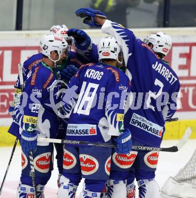 EBEL. Eishockey Bundesliga. EC VSV gegen Dornbirner Eishockey Club.  Torjubel Darren Haydar, Jasin Krog, John Lammers, Cole Jarrett (VSV). Villach, am 26.10.2014.
Foto: Kuess 


---
pressefotos, pressefotografie, kuess, qs, qspictures, sport, bild, bilder, bilddatenbank