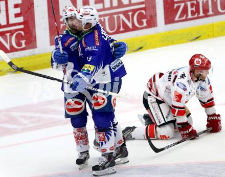 EBEL. Eishockey Bundesliga. EC VSV gegen HC TWK Innsbruck. Torjubel John Lammers, Darren Haydar,  (VSV). Villach, am 28.10.2014.
Foto: Kuess 


---
pressefotos, pressefotografie, kuess, qs, qspictures, sport, bild, bilder, bilddatenbank