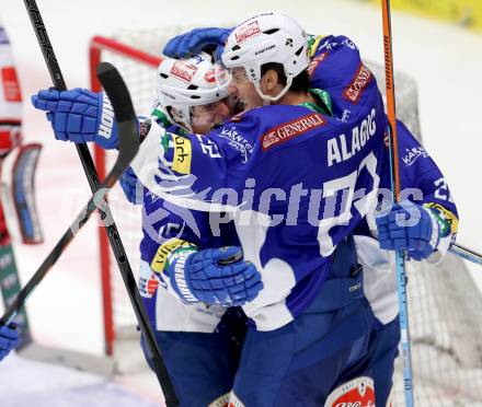 EBEL. Eishockey Bundesliga. EC VSV gegen HC TWK Innsbruck. Torjubel Daniel Nageler, Benjamin Petrik, Adis Alagic (VSV). Villach, am 28.10.2014.
Foto: Kuess 


---
pressefotos, pressefotografie, kuess, qs, qspictures, sport, bild, bilder, bilddatenbank