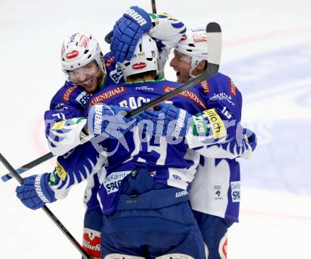 EBEL. Eishockey Bundesliga. EC VSV gegen HC TWK Innsbruck. Torjubel Benjamin Petrik, Stefan Bacher, Daniel Nageler (VSV). Villach, am 28.10.2014.
Foto: Kuess 


---
pressefotos, pressefotografie, kuess, qs, qspictures, sport, bild, bilder, bilddatenbank