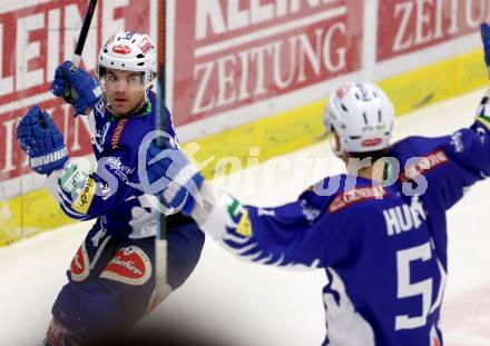 EBEL. Eishockey Bundesliga. EC VSV gegen HC TWK Innsbruck. Torjubel Brock McBride, Eric Hunter (VSV). Villach, am 28.10.2014.
Foto: Kuess 


---
pressefotos, pressefotografie, kuess, qs, qspictures, sport, bild, bilder, bilddatenbank