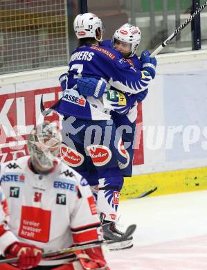 EBEL. Eishockey Bundesliga. EC VSV gegen HC TWK Innsbruck.  Torjubel John Lammers, Darren Haydar (VSV). Villach, am 28.10.2014.
Foto: Kuess 


---
pressefotos, pressefotografie, kuess, qs, qspictures, sport, bild, bilder, bilddatenbank