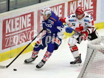 EBEL. Eishockey Bundesliga. EC VSV gegen HC TWK Innsbruck. Patrick Platzer, (VSV), Stefan Pittl  (Innsbruck). Villach, am 28.10.2014.
Foto: Kuess 


---
pressefotos, pressefotografie, kuess, qs, qspictures, sport, bild, bilder, bilddatenbank