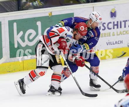 EBEL. Eishockey Bundesliga. EC VSV gegen HC TWK Innsbruck. Gerhard Unterluggauer, (VSV), Roland Kaspitz  (Innsbruck). Villach, am 28.10.2014.
Foto: Kuess 


---
pressefotos, pressefotografie, kuess, qs, qspictures, sport, bild, bilder, bilddatenbank