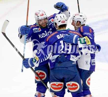 EBEL. Eishockey Bundesliga. EC VSV gegen HC TWK Innsbruck. Torjubel Benjamin Petrik, Stefan Bacher, Daniel Nageler (VSV). Villach, am 28.10.2014.
Foto: Kuess 


---
pressefotos, pressefotografie, kuess, qs, qspictures, sport, bild, bilder, bilddatenbank