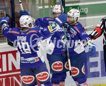 EBEL. Eishockey Bundesliga. EC VSV gegen HC TWK Innsbruck. Torjubel John Lammers, Darren Haydar, Jason Krog (VSV). Villach, am 28.10.2014.
Foto: Kuess 


---
pressefotos, pressefotografie, kuess, qs, qspictures, sport, bild, bilder, bilddatenbank