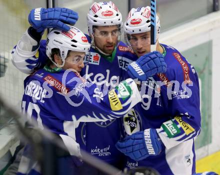 EBEL. Eishockey Bundesliga. EC VSV gegen HC TWK Innsbruck. Torjubel Brock McBride, Eric Hunter, Mark Santorelli (VSV). Villach, am 28.10.2014.
Foto: Kuess 


---
pressefotos, pressefotografie, kuess, qs, qspictures, sport, bild, bilder, bilddatenbank