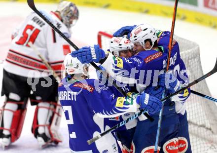 EBEL. Eishockey Bundesliga. EC VSV gegen HC TWK Innsbruck. Torjubel Daniel Nageler, Benjamin Petrik, Adis Alagic, Cole Jarrett (VSV). Villach, am 28.10.2014.
Foto: Kuess 


---
pressefotos, pressefotografie, kuess, qs, qspictures, sport, bild, bilder, bilddatenbank