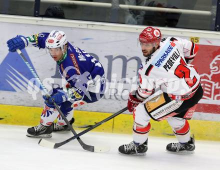 EBEL. Eishockey Bundesliga. EC VSV gegen HC TWK Innsbruck. Brock McBride,  (VSV), Florian Pedevilla (Innsbruck). Villach, am 28.10.2014.
Foto: Kuess 


---
pressefotos, pressefotografie, kuess, qs, qspictures, sport, bild, bilder, bilddatenbank