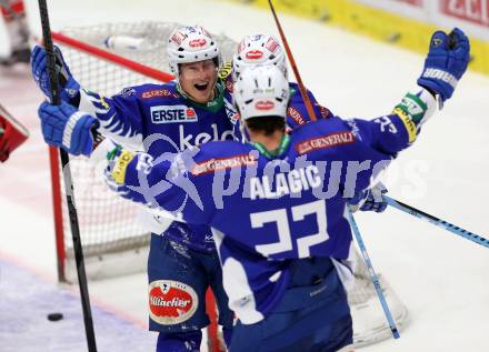 EBEL. Eishockey Bundesliga. EC VSV gegen HC TWK Innsbruck. Torjubel Daniel Nageler, Benjamin Petrik, Adis Alagic (VSV). Villach, am 28.10.2014.
Foto: Kuess 


---
pressefotos, pressefotografie, kuess, qs, qspictures, sport, bild, bilder, bilddatenbank