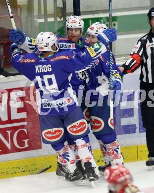 EBEL. Eishockey Bundesliga. EC VSV gegen HC TWK Innsbruck. Torjubel John Lammers, Darren Haydar, Jason Krog (VSV). Villach, am 28.10.2014.
Foto: Kuess 


---
pressefotos, pressefotografie, kuess, qs, qspictures, sport, bild, bilder, bilddatenbank