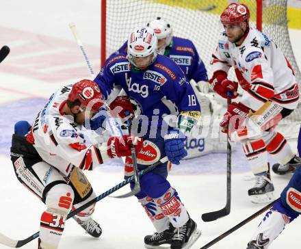 EBEL. Eishockey Bundesliga. EC VSV gegen HC TWK Innsbruck. Jason Krog,  (VSV), Matt Siddall (Innsbruck). Villach, am 28.10.2014.
Foto: Kuess 


---
pressefotos, pressefotografie, kuess, qs, qspictures, sport, bild, bilder, bilddatenbank