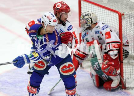 EBEL. Eishockey Bundesliga. EC VSV gegen HC TWK Innsbruck. John Lammers, (VSV), Florian Stern, Adam Munro  (Innsbruck). Villach, am 28.10.2014.
Foto: Kuess 


---
pressefotos, pressefotografie, kuess, qs, qspictures, sport, bild, bilder, bilddatenbank