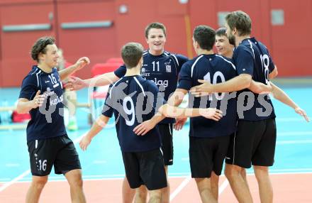 Volleyball Bundesliga. Woerthersee Loewen gegen Amstetten. Jubel (Woerthersee Loewen). Klagenfurt, am 31.10.2014.
Foto: Kuess
---
pressefotos, pressefotografie, kuess, qs, qspictures, sport, bild, bilder, bilddatenbank