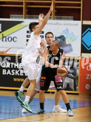 Basketball 2. Bundesliga. Woerthersee Piraten gegen BK Mattersburg Rocks.  Christof Gspandl, (Piraten), Corey Hallett  (Mattersburg). Klagenfurt, am 1.11.2014.
Foto: Kuess
---
pressefotos, pressefotografie, kuess, qs, qspictures, sport, bild, bilder, bilddatenbank