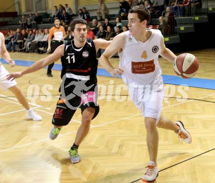 Basketball 2. Bundesliga. Woerthersee Piraten gegen BK Mattersburg Rocks.  Martin Breithuber, (Piraten),  Stefan Ulreich  (Mattersburg). Klagenfurt, am 1.11.2014.
Foto: Kuess
---
pressefotos, pressefotografie, kuess, qs, qspictures, sport, bild, bilder, bilddatenbank