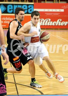 Basketball 2. Bundesliga. Woerthersee Piraten gegen BK Mattersburg Rocks.  Martin Breithuber, (Piraten), Stefan Ulreich  (Mattersburg). Klagenfurt, am 1.11.2014.
Foto: Kuess
---
pressefotos, pressefotografie, kuess, qs, qspictures, sport, bild, bilder, bilddatenbank