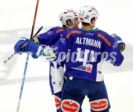 EBEL. Eishockey Bundesliga. EC VSV gegen EHC LIWEST Linz. Torjubel Cole Jarrett, Mario Altmann (VSV). Villach, am 2.11.2014.
Foto: Kuess 


---
pressefotos, pressefotografie, kuess, qs, qspictures, sport, bild, bilder, bilddatenbank