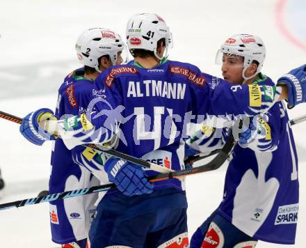 EBEL. Eishockey Bundesliga. EC VSV gegen EHC LIWEST Linz. Torjubel Cole Jarrett, Mario Altmann, Mark Santorelli (VSV). Villach, am 2.11.2014.
Foto: Kuess 


---
pressefotos, pressefotografie, kuess, qs, qspictures, sport, bild, bilder, bilddatenbank