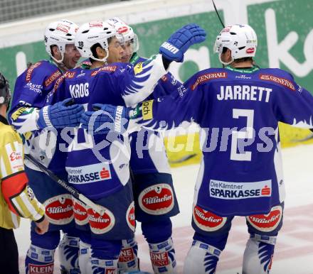 EBEL. Eishockey Bundesliga. EC VSV gegen EHC LIWEST Linz. Torjubel Marco Pewal, Jason Krog, Cole Jarrett (VSV). Villach, am 2.11.2014.
Foto: Kuess 


---
pressefotos, pressefotografie, kuess, qs, qspictures, sport, bild, bilder, bilddatenbank