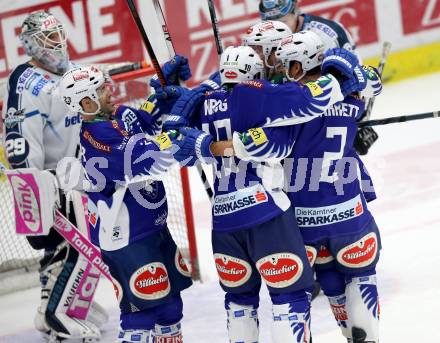 EBEL. Eishockey Bundesliga. EC VSV gegen EHC LIWEST Linz. Torjubel Mark Santorelli, Jason Krog, Darren Haydar, Cole Jarrett (VSV). Villach, am 2.11.2014.
Foto: Kuess 


---
pressefotos, pressefotografie, kuess, qs, qspictures, sport, bild, bilder, bilddatenbank