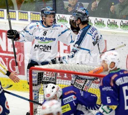 EBEL. Eishockey Bundesliga. EC VSV gegen EHC LIWEST Linz. Torjubel Jason Ulmer, Franklin MacDonald (Linz). Villach, am 2.11.2014.
Foto: Kuess 


---
pressefotos, pressefotografie, kuess, qs, qspictures, sport, bild, bilder, bilddatenbank