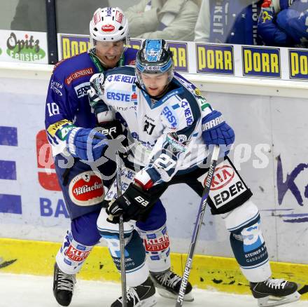 EBEL. Eishockey Bundesliga. EC VSV gegen EHC LIWEST Linz. Jason Krog,  (VSV), Bernhard Fechtig (Linz). Villach, am 2.11.2014.
Foto: Kuess 


---
pressefotos, pressefotografie, kuess, qs, qspictures, sport, bild, bilder, bilddatenbank