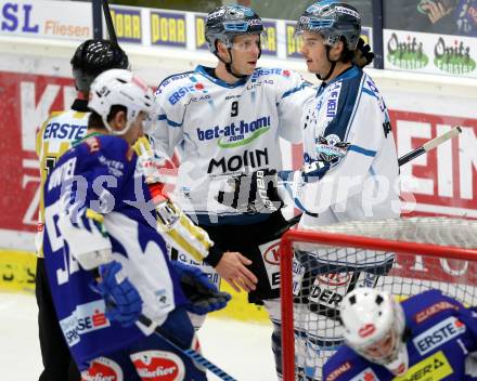 EBEL. Eishockey Bundesliga. EC VSV gegen EHC LIWEST Linz. Torjubel Jason Ulmer, Franklin MacDonald (Linz). Villach, am 2.11.2014.
Foto: Kuess 


---
pressefotos, pressefotografie, kuess, qs, qspictures, sport, bild, bilder, bilddatenbank