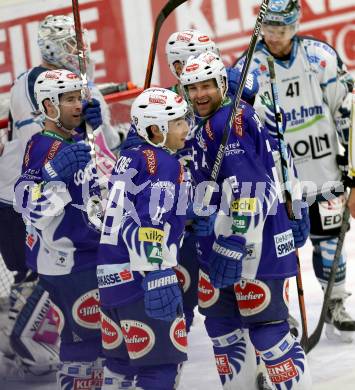 EBEL. Eishockey Bundesliga. EC VSV gegen EHC LIWEST Linz. Torjubel Mark Santorelli, Jason Krog, Darren Haydar, Cole Jarrett (VSV). Villach, am 2.11.2014.
Foto: Kuess 


---
pressefotos, pressefotografie, kuess, qs, qspictures, sport, bild, bilder, bilddatenbank