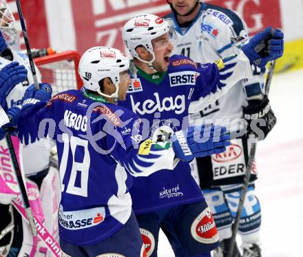 EBEL. Eishockey Bundesliga. EC VSV gegen EHC LIWEST Linz. Torjubel Mark Santorelli, Jason Krog,  (VSV). Villach, am 2.11.2014.
Foto: Kuess 


---
pressefotos, pressefotografie, kuess, qs, qspictures, sport, bild, bilder, bilddatenbank