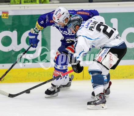 EBEL. Eishockey Bundesliga. EC VSV gegen EHC LIWEST Linz. Cole Jarrett,  (VSV), Philipp Lukas (Linz). Villach, am 2.11.2014.
Foto: Kuess 


---
pressefotos, pressefotografie, kuess, qs, qspictures, sport, bild, bilder, bilddatenbank