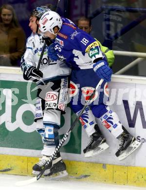 EBEL. Eishockey Bundesliga. EC VSV gegen EHC LIWEST Linz. Jason Krog,  (VSV), Daniel Oberkofler (Linz). Villach, am 2.11.2014.
Foto: Kuess 


---
pressefotos, pressefotografie, kuess, qs, qspictures, sport, bild, bilder, bilddatenbank