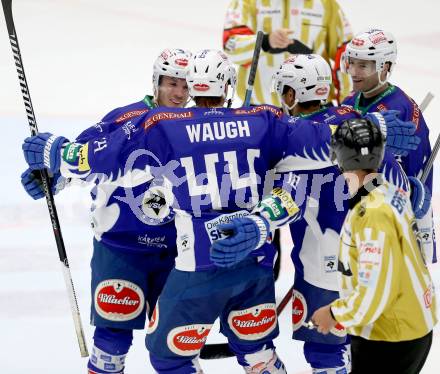 EBEL. Eishockey Bundesliga. EC VSV gegen EHC LIWEST Linz. Torjubel Darren Haydar, Jason Krog, Marco Pewal, Geoff Waugh (VSV). Villach, am 2.11.2014.
Foto: Kuess 


---
pressefotos, pressefotografie, kuess, qs, qspictures, sport, bild, bilder, bilddatenbank