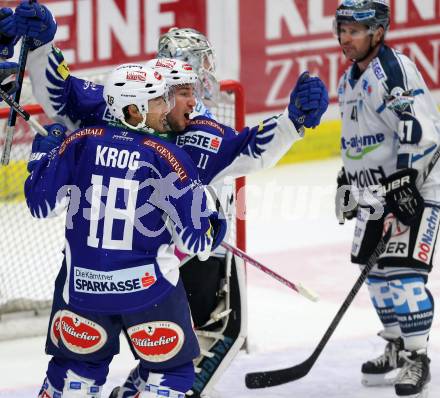 EBEL. Eishockey Bundesliga. EC VSV gegen EHC LIWEST Linz. Torjubel Mark Santorelli, Jason Krog (VSV). Villach, am 2.11.2014.
Foto: Kuess 


---
pressefotos, pressefotografie, kuess, qs, qspictures, sport, bild, bilder, bilddatenbank